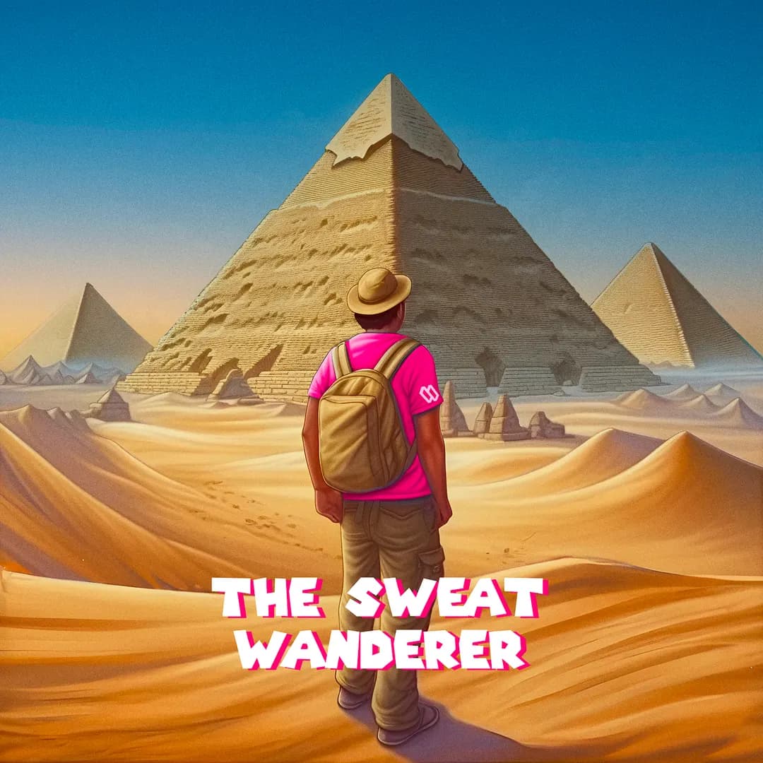 The Sweat Wanderer campaign art: a traveller walking towards the pyramids